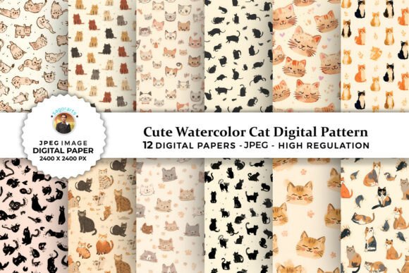 Cute Watercolor Cat Digital Patterns